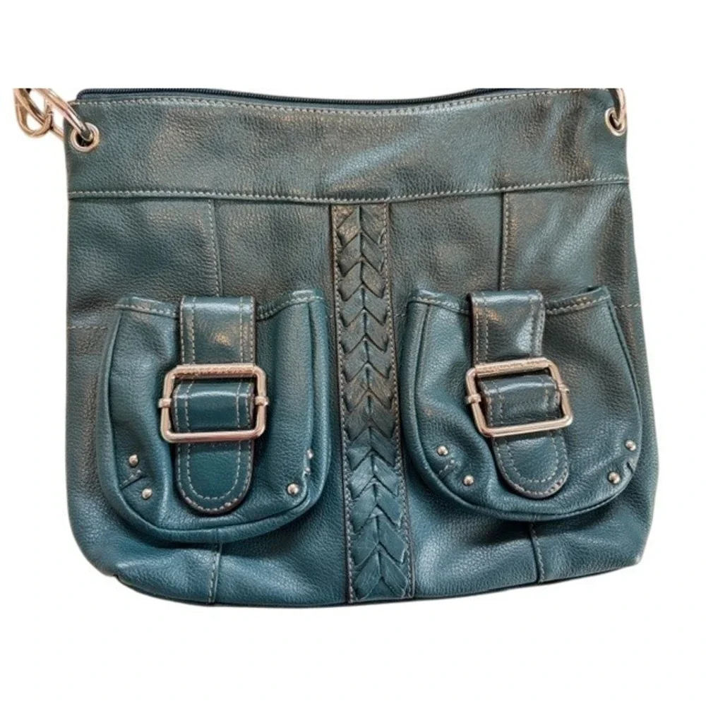Tignanello Teal Pebble Leather Braided Buckle Flap Crossbody Bag EUC